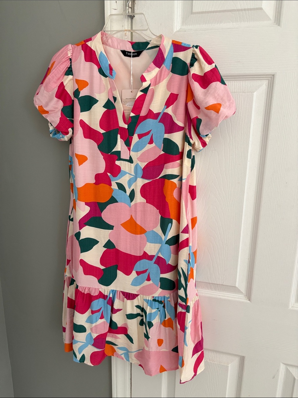 Vibrant Floral Puff-Sleeve Mini Dress - Pink Multicolor